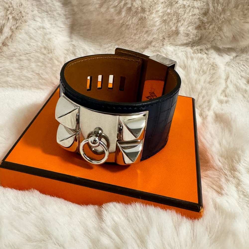 Hermes Cuir Collier De Chien Blue Croc Cuff Bracelet